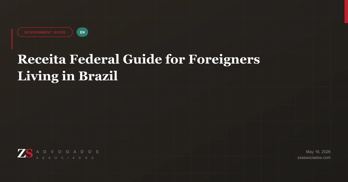 Illustration of Brazil's Receita Federal building and tax documents for foreign residents