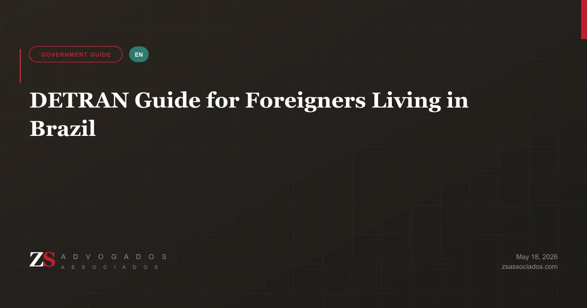 Illustration of DETRAN office and Brazilian driver's license documents for foreign residents