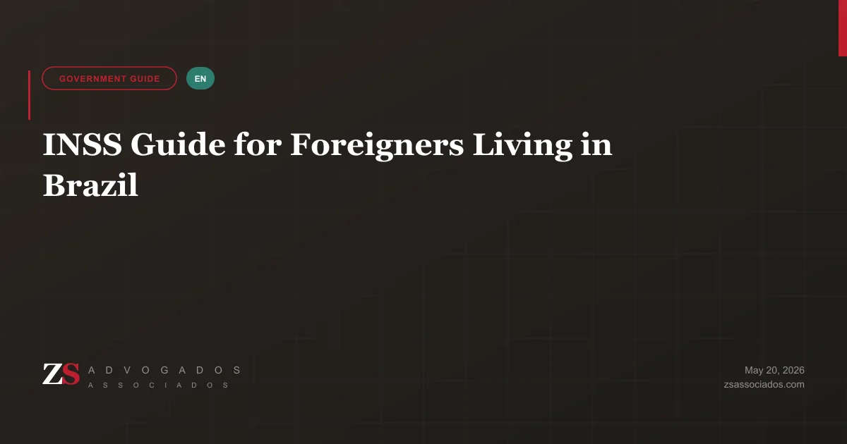 Illustration of INSS social security office and benefit documents for foreign residents in Brazil